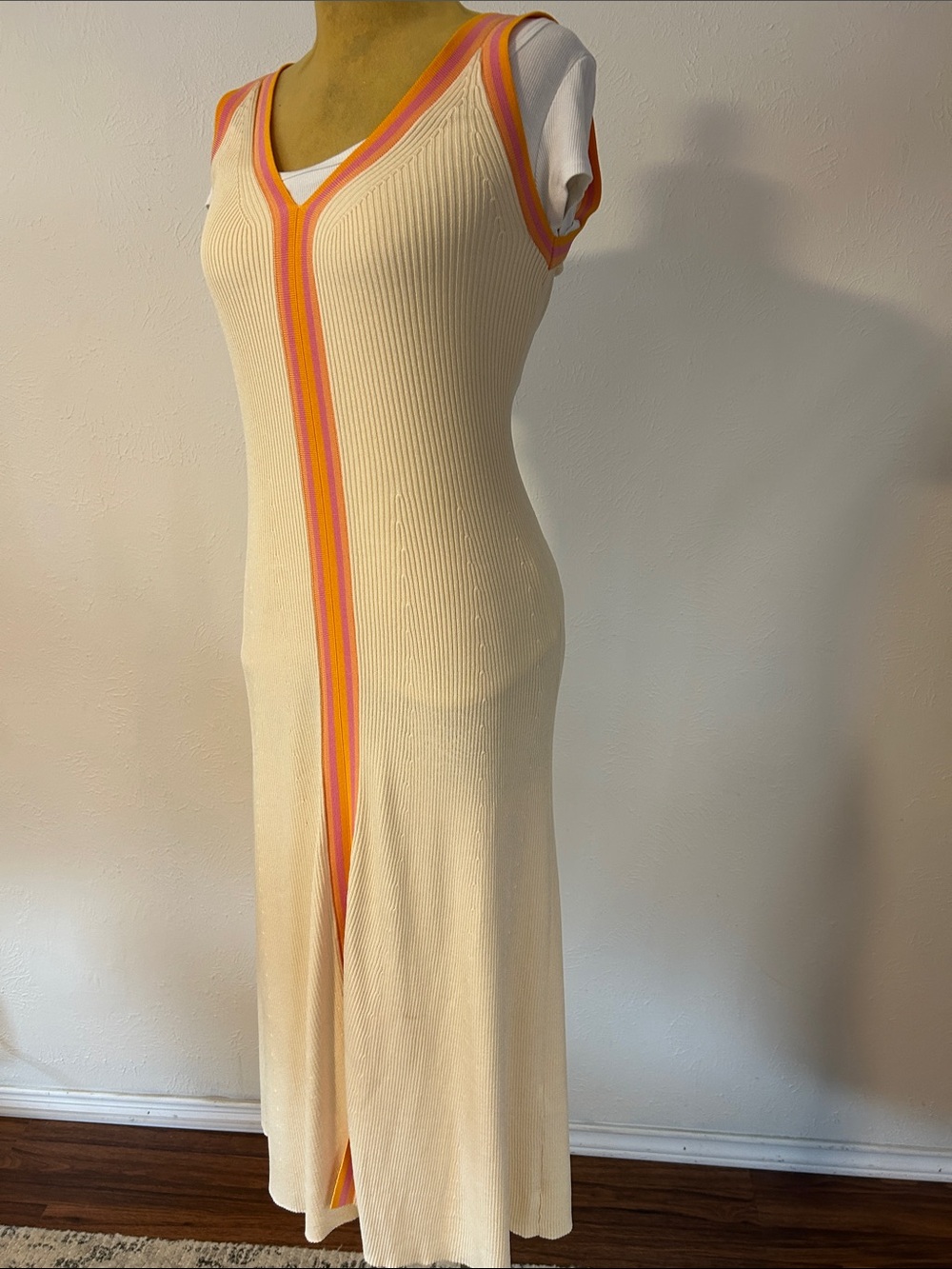 Sandro Cream Ribbed Maxi Dress with Pink and Orange Trim